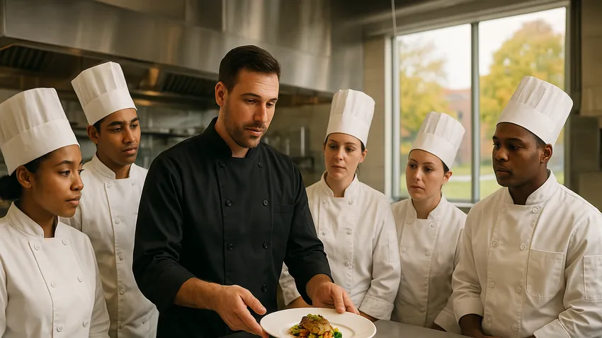 Culinary students preparing dishes in a professional kitchen at a Wisconsin culinary school