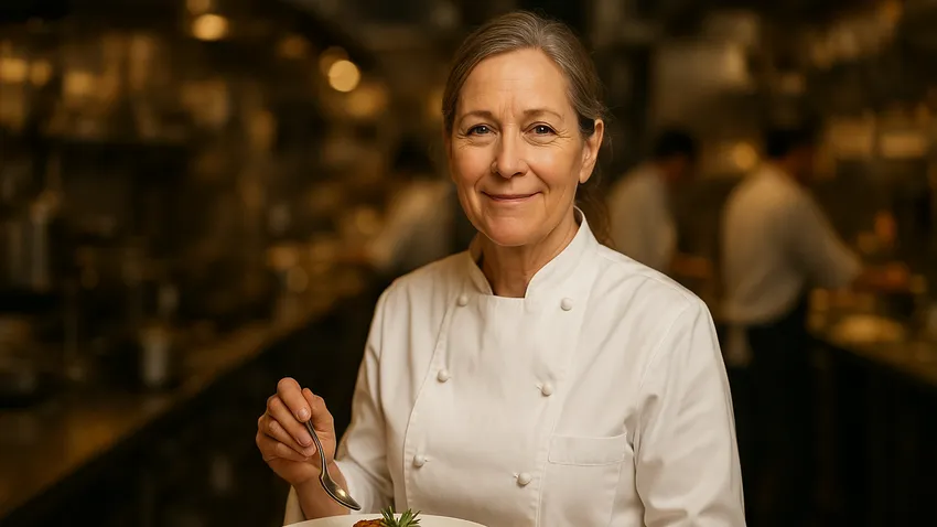 Nancy Oakes portrait with seasonal ingredients