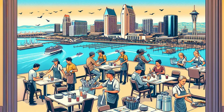 Busser clearing table in San Diego restaurant