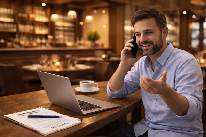 restaurant manager talking on phone while working on laptop