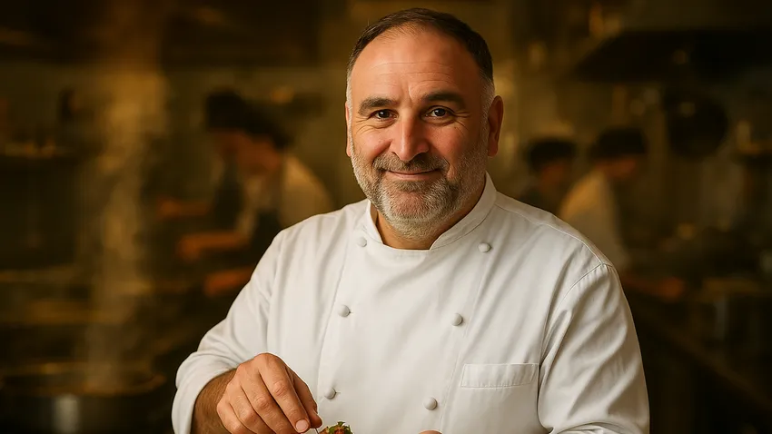 José Andrés portrait with culinary background