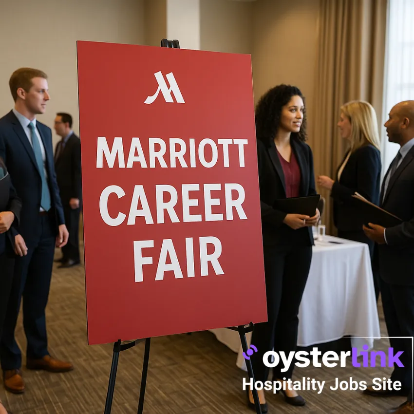 marriot recruiters standing next to marriott sign