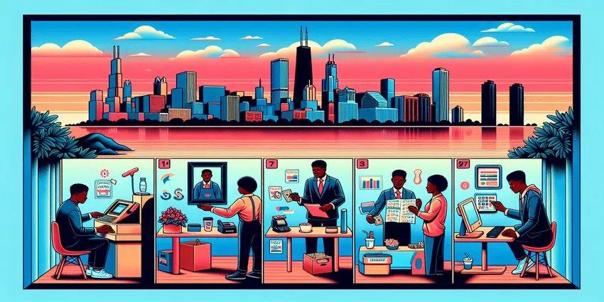 Cashier helping a customer at a checkout register in Chicago store