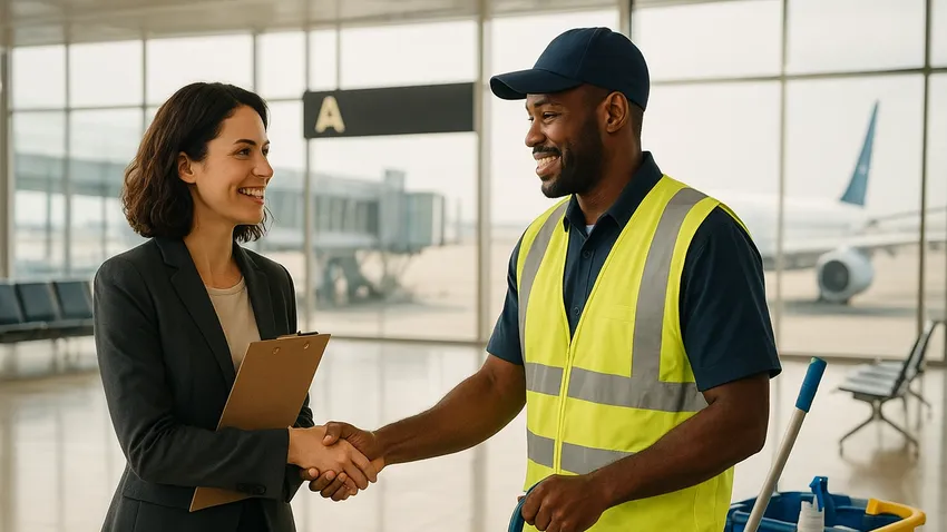 Airport janitor cleaning terminal