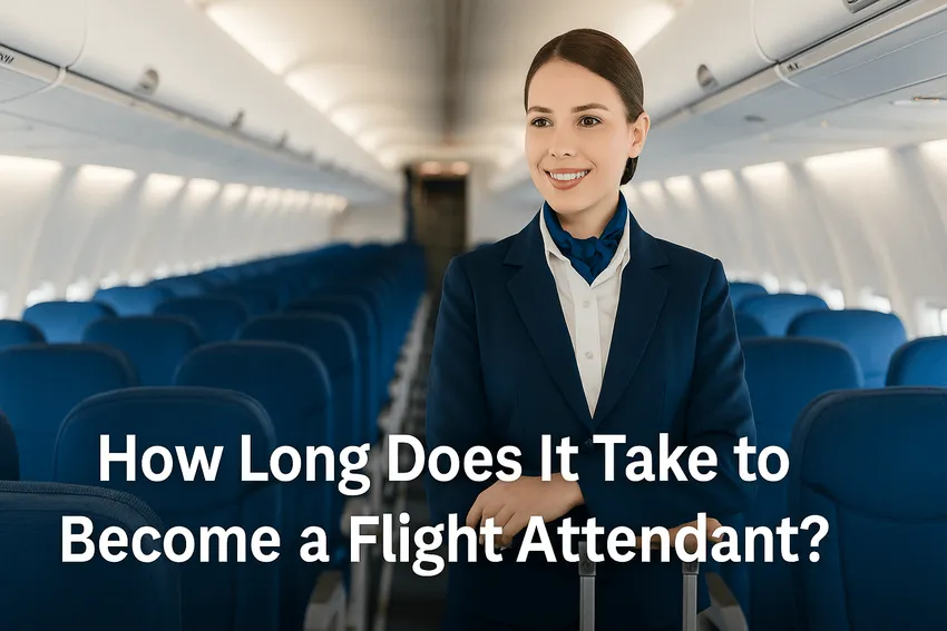 flight attendant posing inside empty airplane