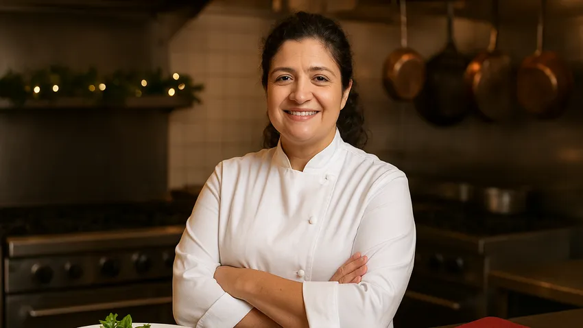 Alex Guarnaschelli portrait with kitchen background