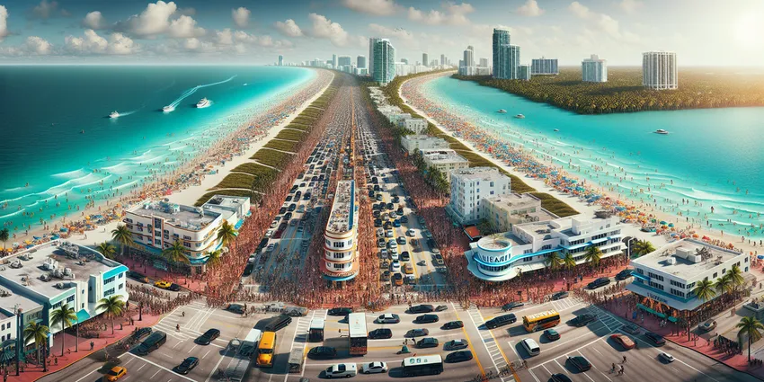 Busy Miami Beach street during hospitality season with crowds and nightlife