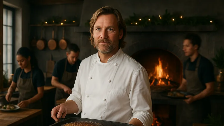Chef Niklas Ekstedt cooking over open flame in a Nordic kitchen