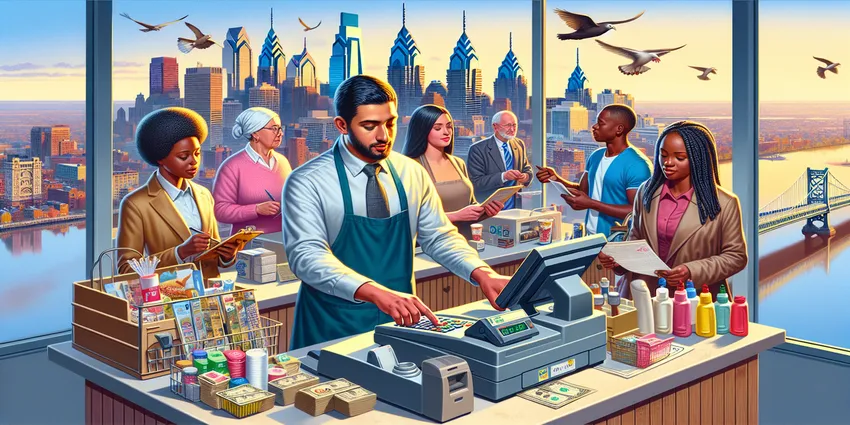 Cashier in Philadelphia helping customers with payments and customer service