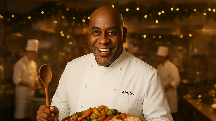Ainsley Harriott smiling in kitchen