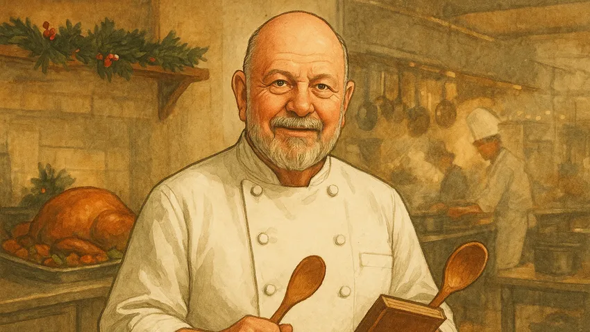 James Beard portrait with cooking utensils