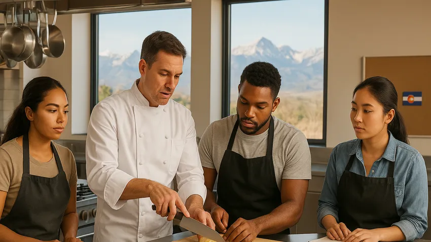 Image of aspiring chef preparing dishes at culinary school kitchen in Colorado