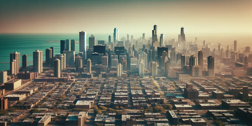 Chicago skyline with financial district buildings at sunset