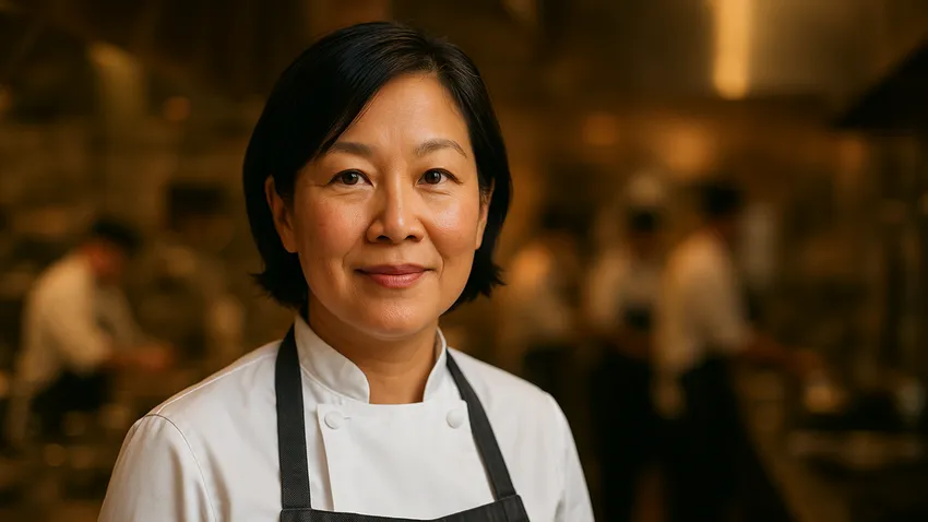 Anita Lo portrait cooking in kitchen