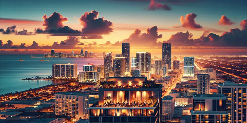 Rooftop bar at sunset in Miami with bartenders serving cocktails