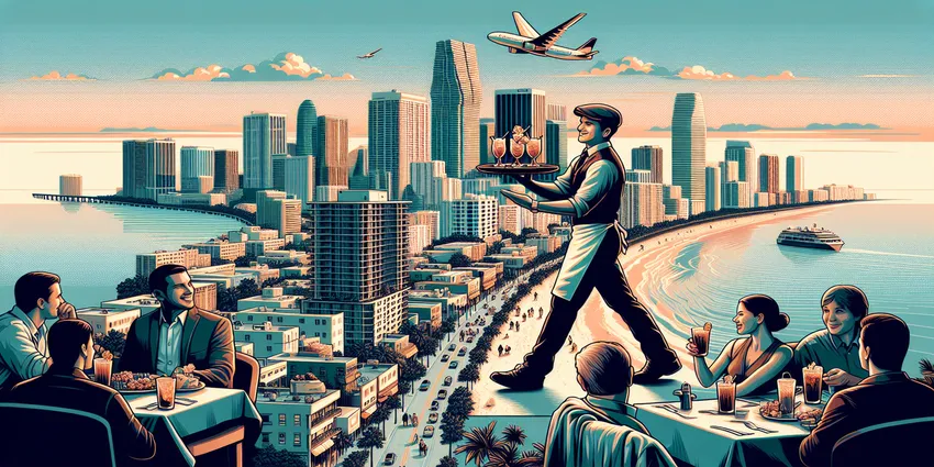 Server serving food in Miami restaurant