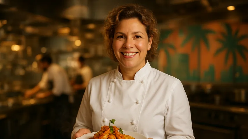 Michelle Bernstein smiling in kitchen