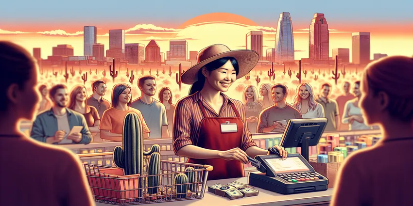 Cashier helping customer at register in Phoenix store