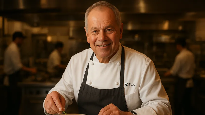 Wolfgang Puck portrait holding a gourmet dish