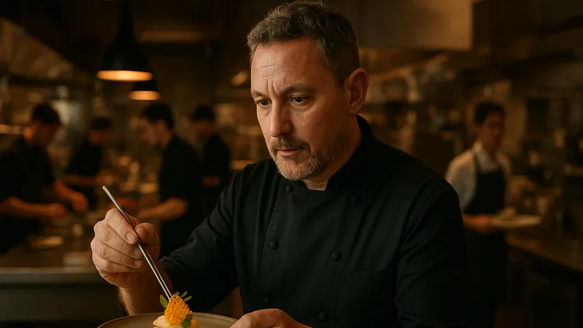 Albert Adrià portrait with creative pastry and tapas dishes