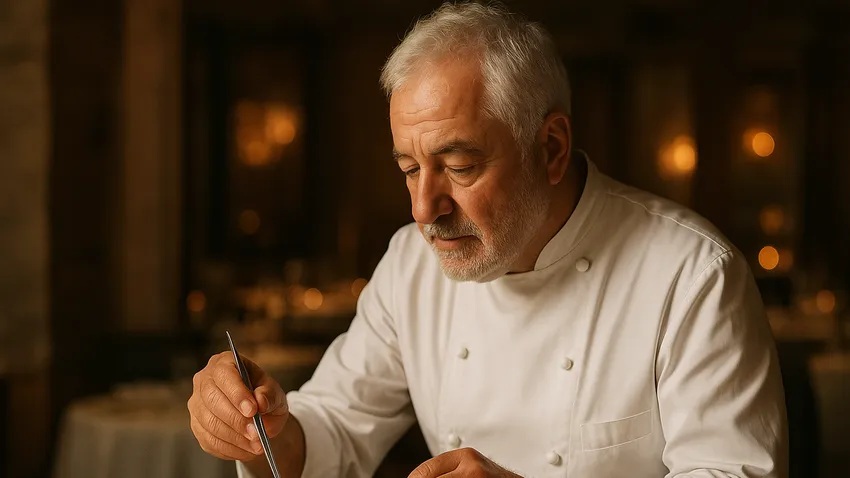 Portrait of Guy Savoy chef in kitchen