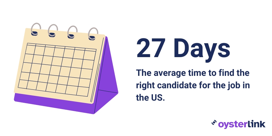 A purple calendar with text on the right that says it takes 27 days to find the right candidate for a job in the United States