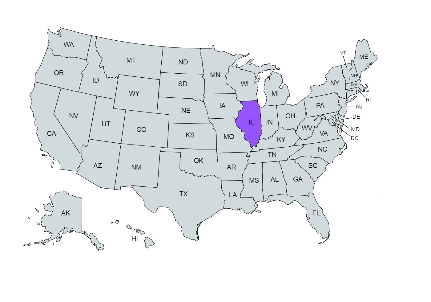 The U.S. map with the Illinois state marked in purple