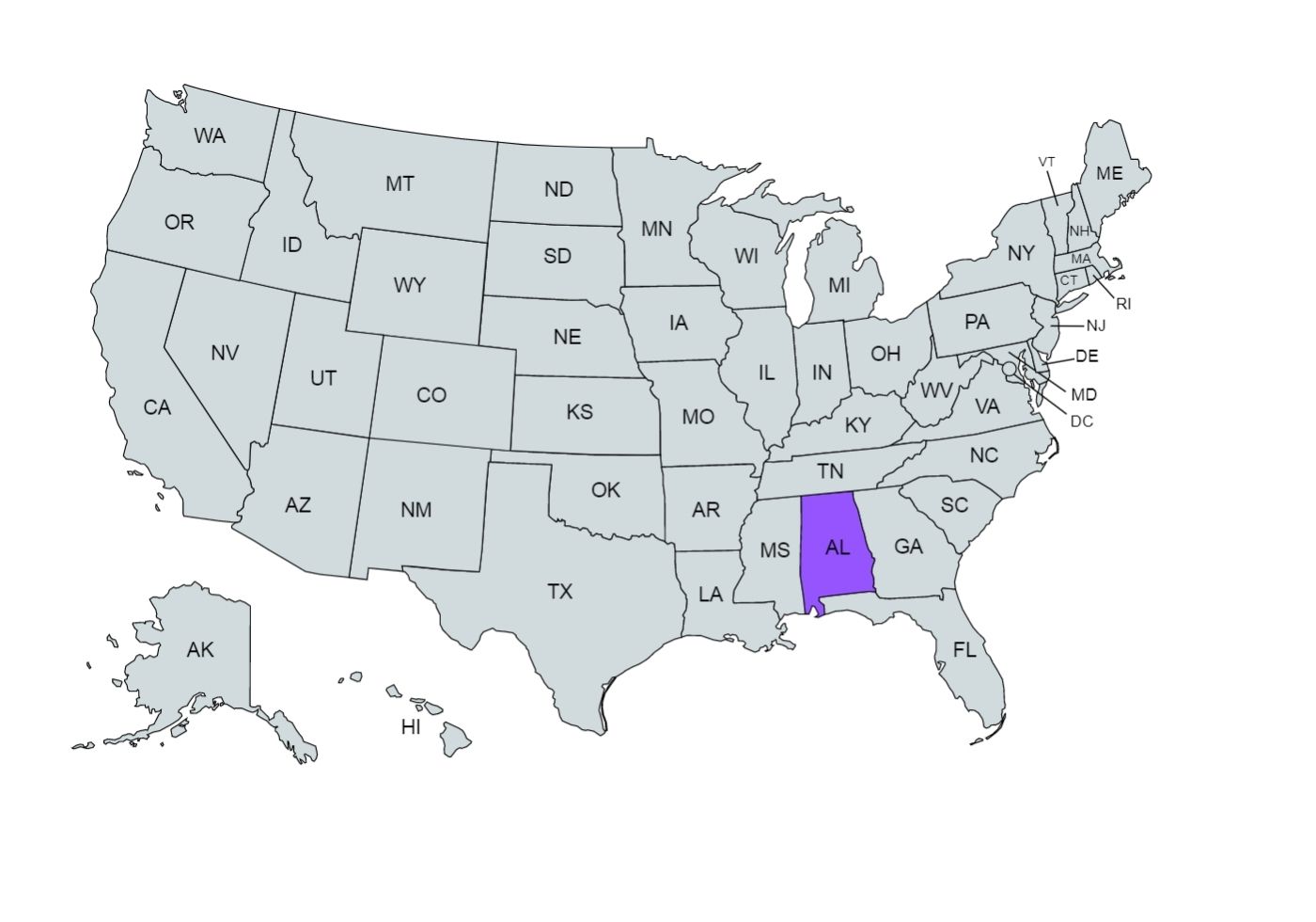 U.S.A map with the Alabama state marked in purple