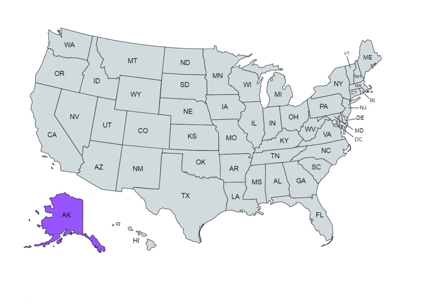 the U.S.A. map with Alaska state marked in purple