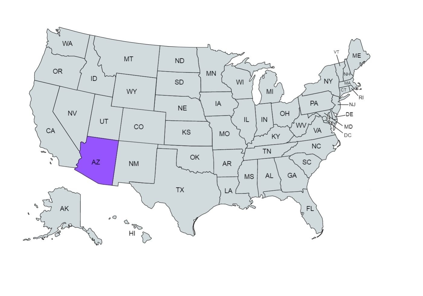 U.S.A. map with the Arizona state marked in purple 