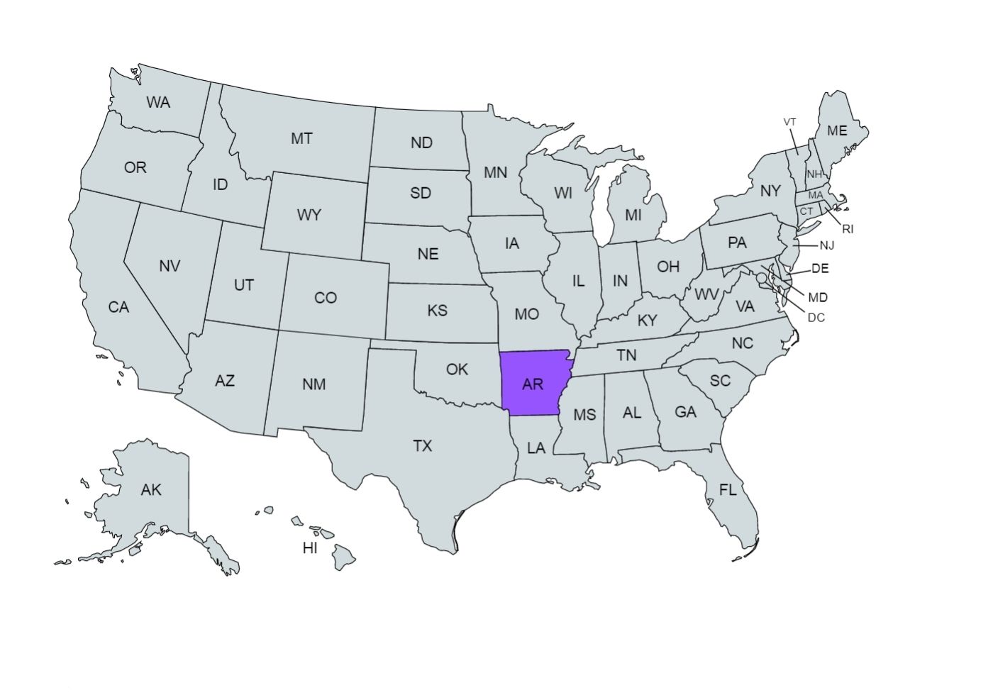 U.S.A. map with the Arkansas state marked in purple
