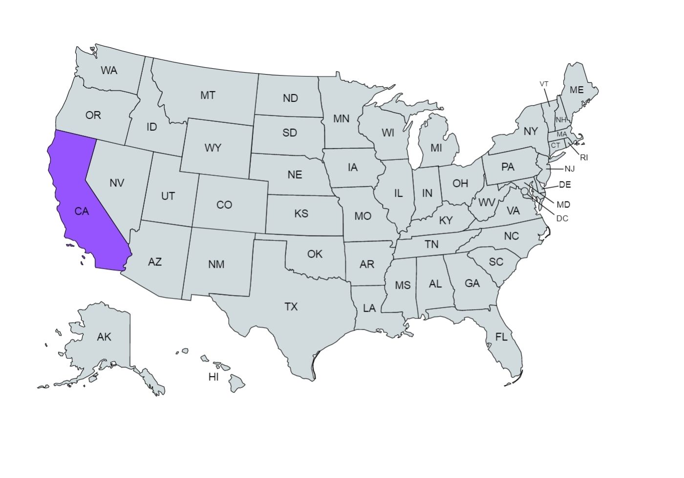 U.S.A map with the California state marked in purple