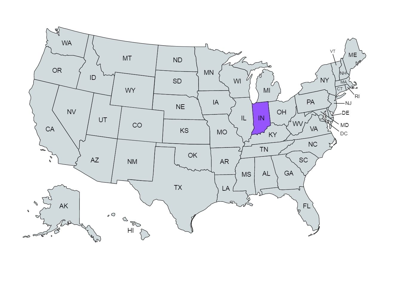 The US map with the Indiana state marked in purple