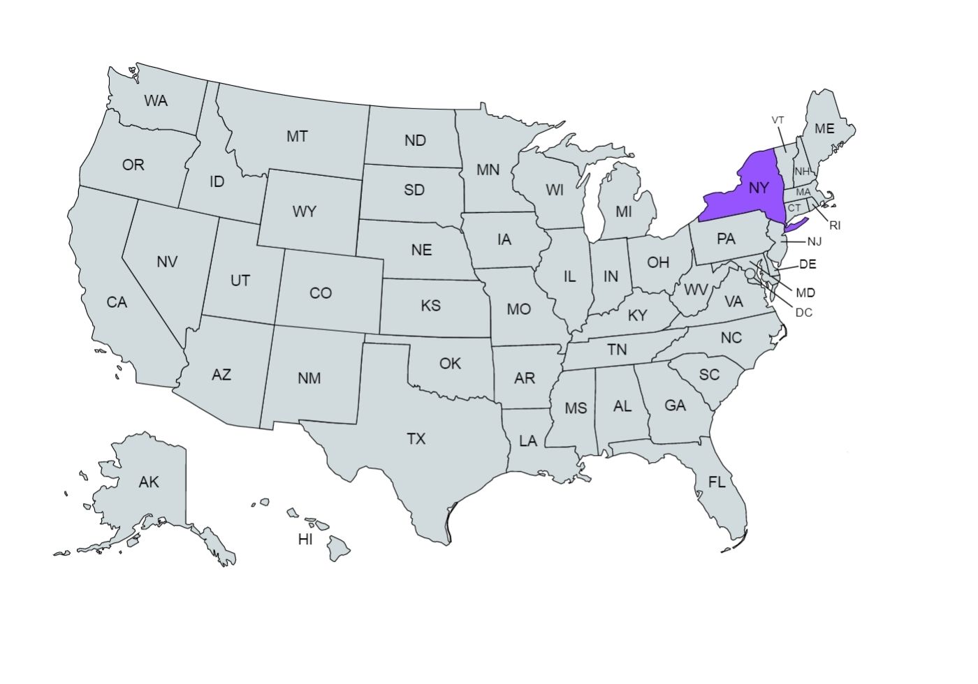 the U.S.A. map with state lines and a New York state marked in purple