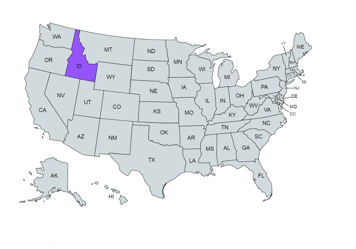 The US map with the Idaho state marked in purple