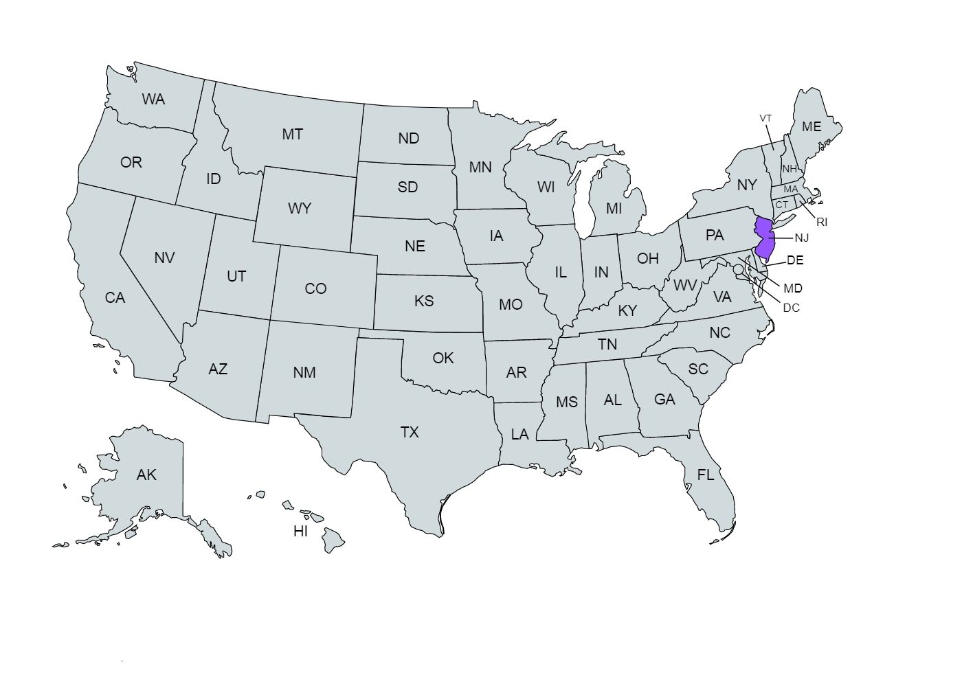 The US map with the New Jersey state marked in purple