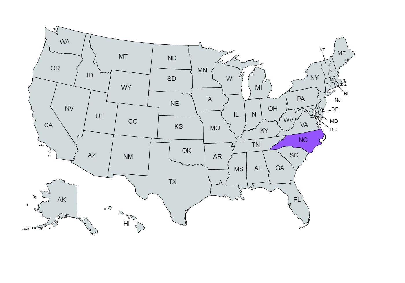 The US map with the North Carolina state marked in purple