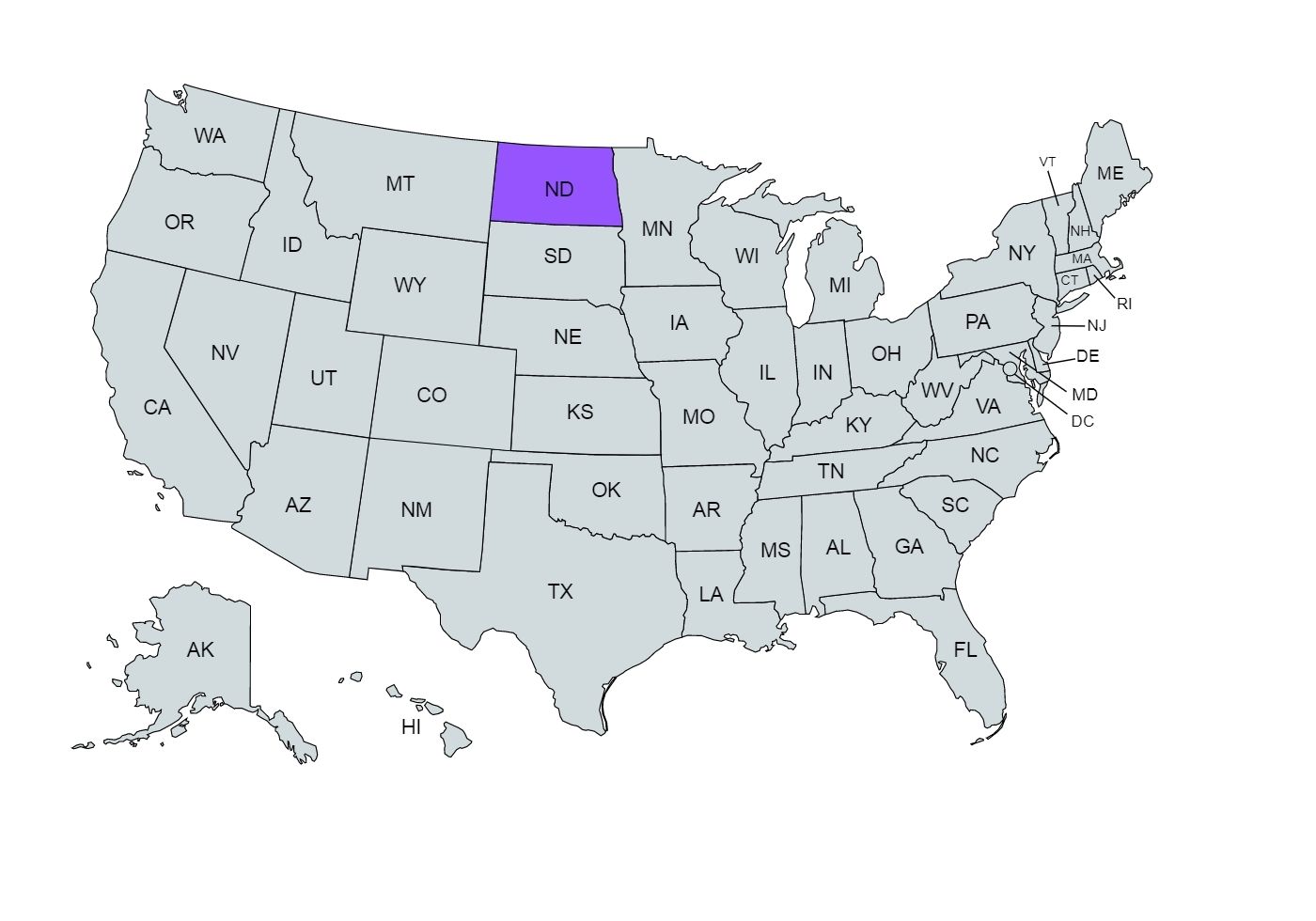 The US map with the North Dakota state marked in purple