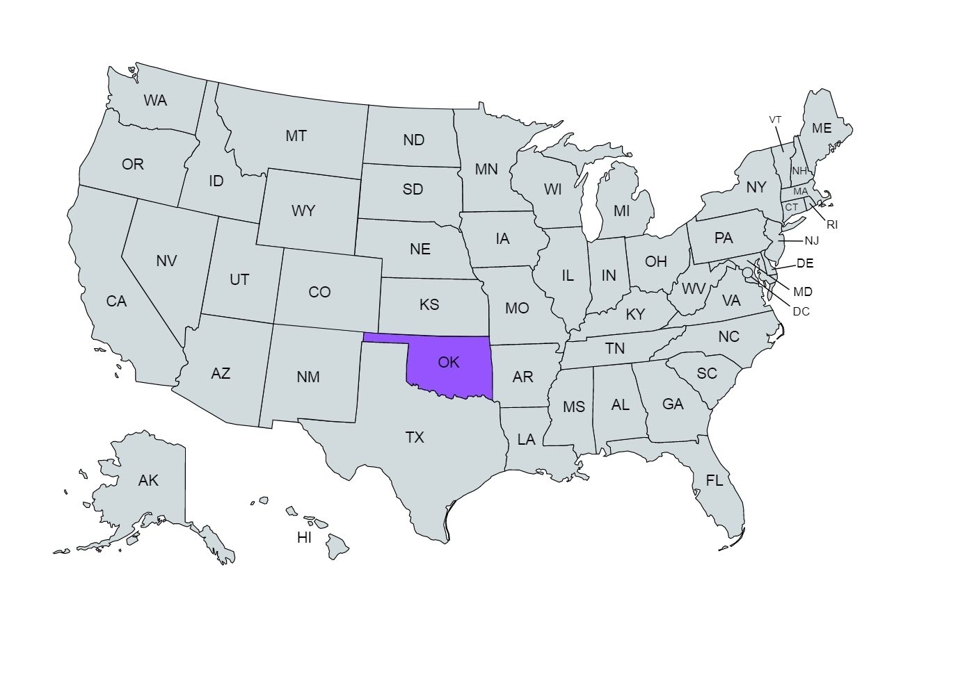 The US map with the Oklahoma state marked in purple