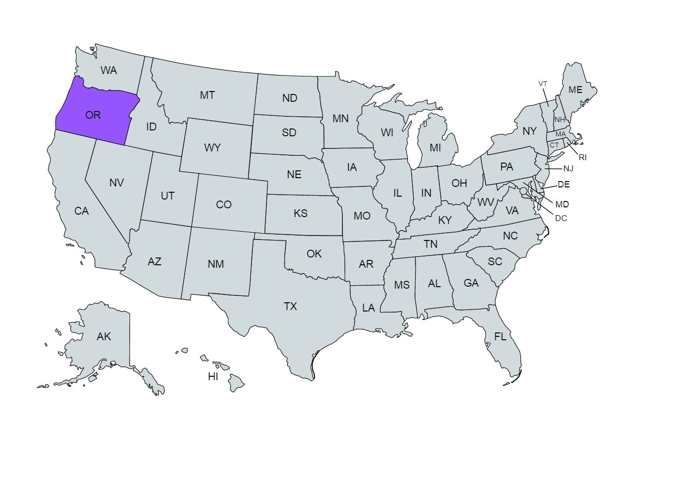 The US map with the Oregon state marked in purple