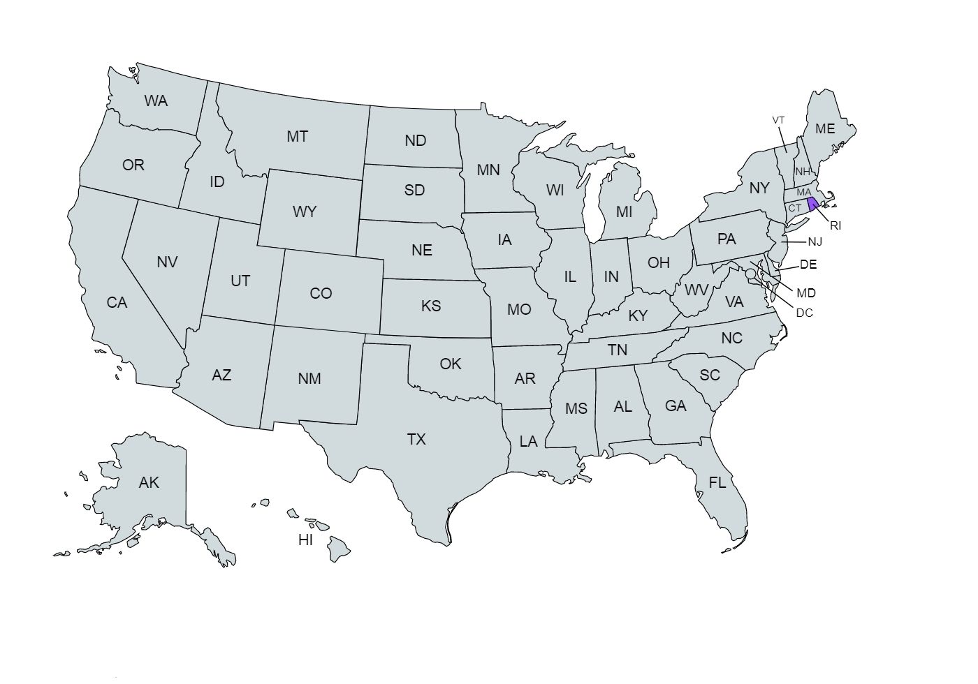 The US map with the Rhode Island state marked in purple