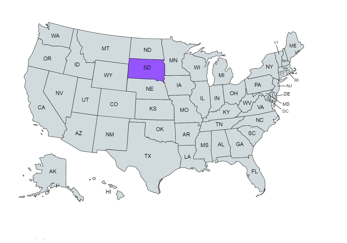 The US map with the South Dakota state marked in purple