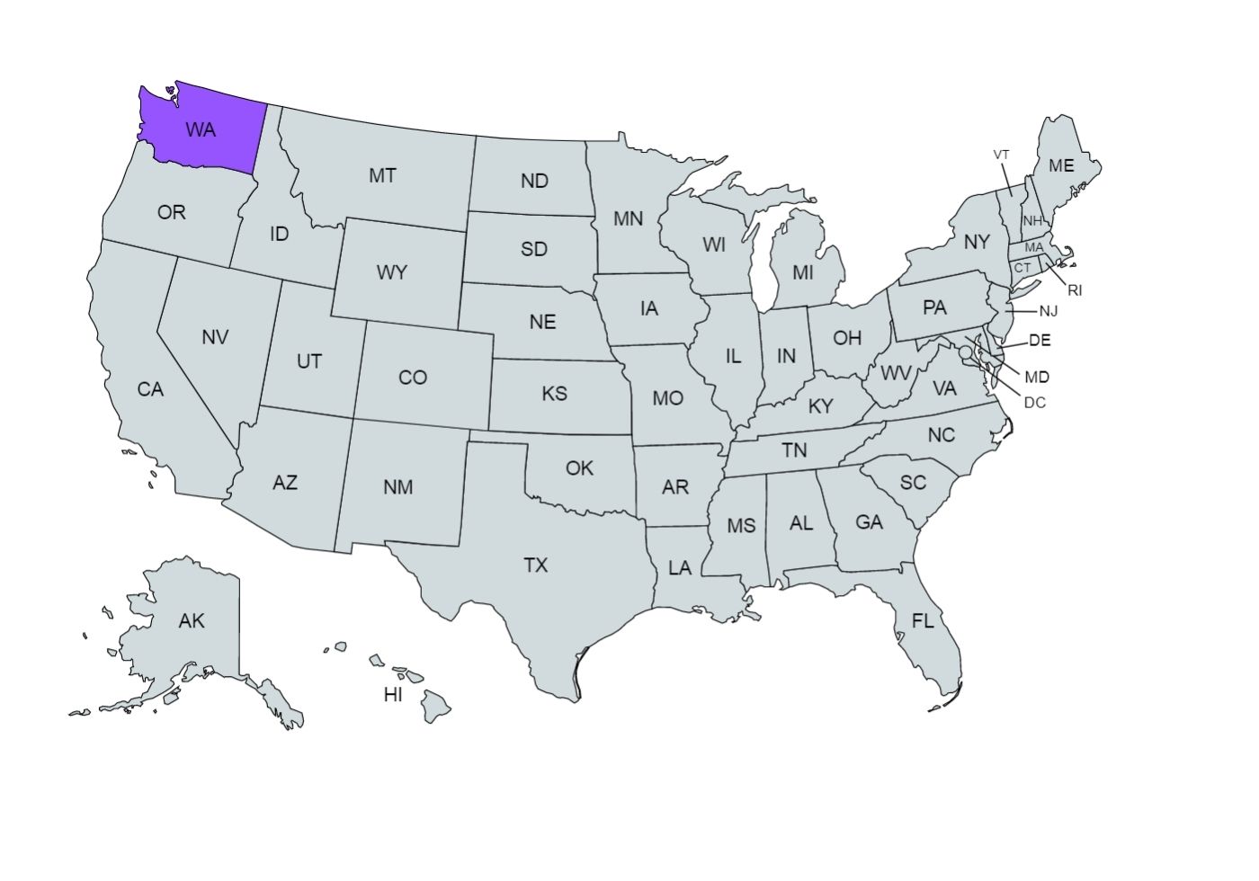 The US map with the Washington district marked in purple