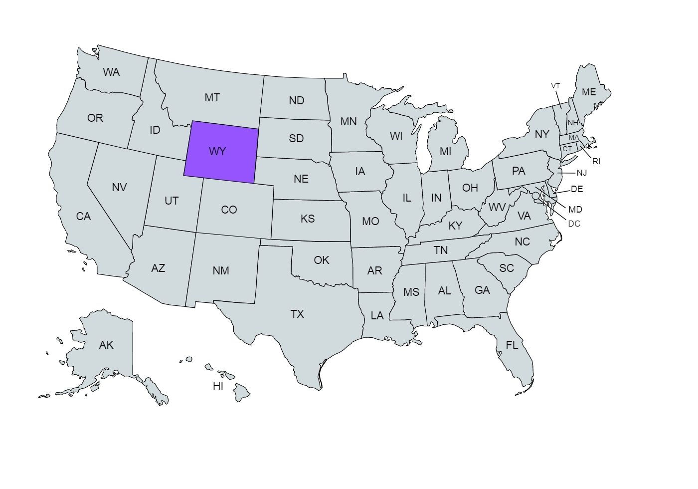 The US map with the Wyoming state marked in purple 