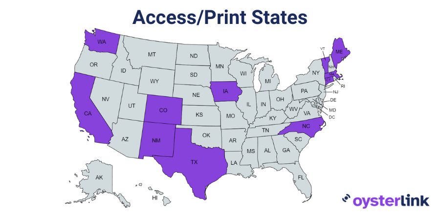 access/print states on the U.S. map