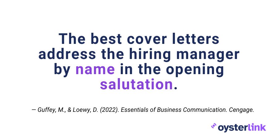 Text excerpt from Essentials of Business Communication emphasizing a key learning: the best cover letters address the hiring manager by name in the opening salutation