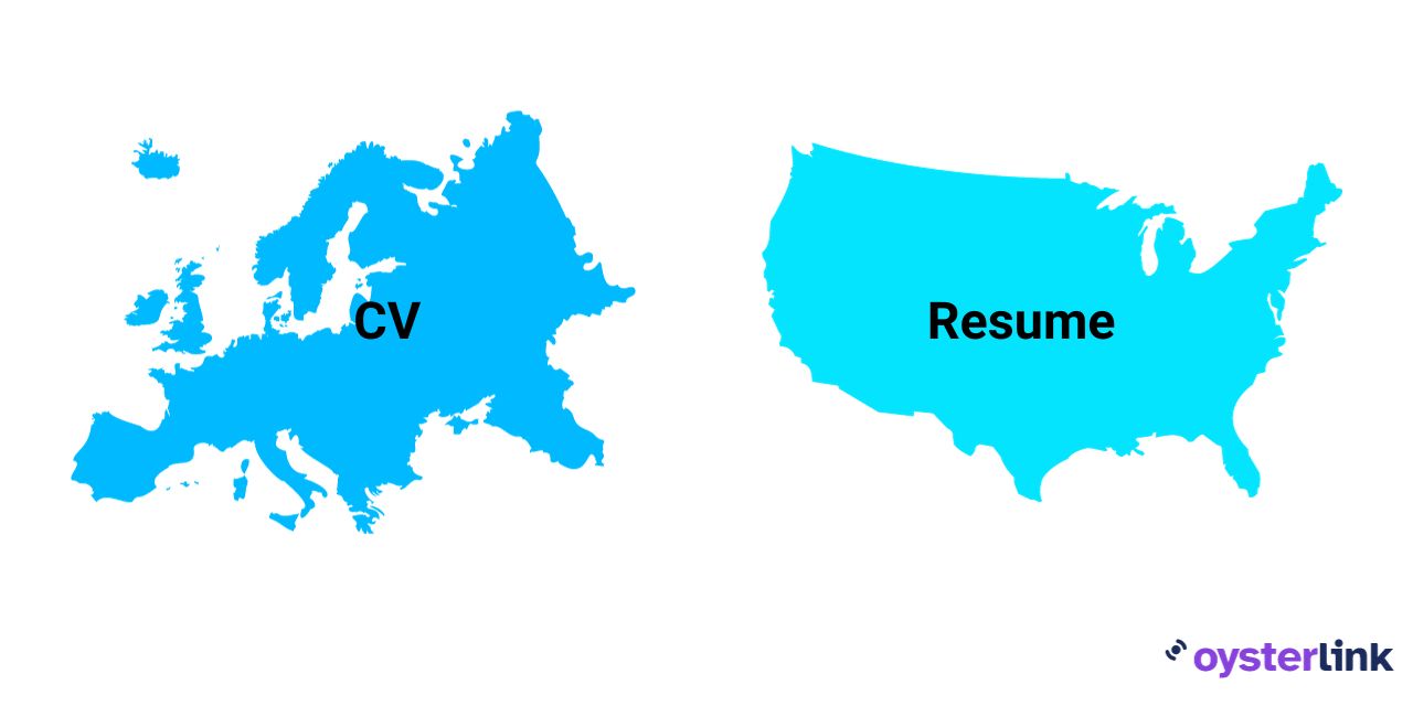 Map comparing document terms: 'Resume' in the U.S. and 'CV' in Europe, showcasing international differences