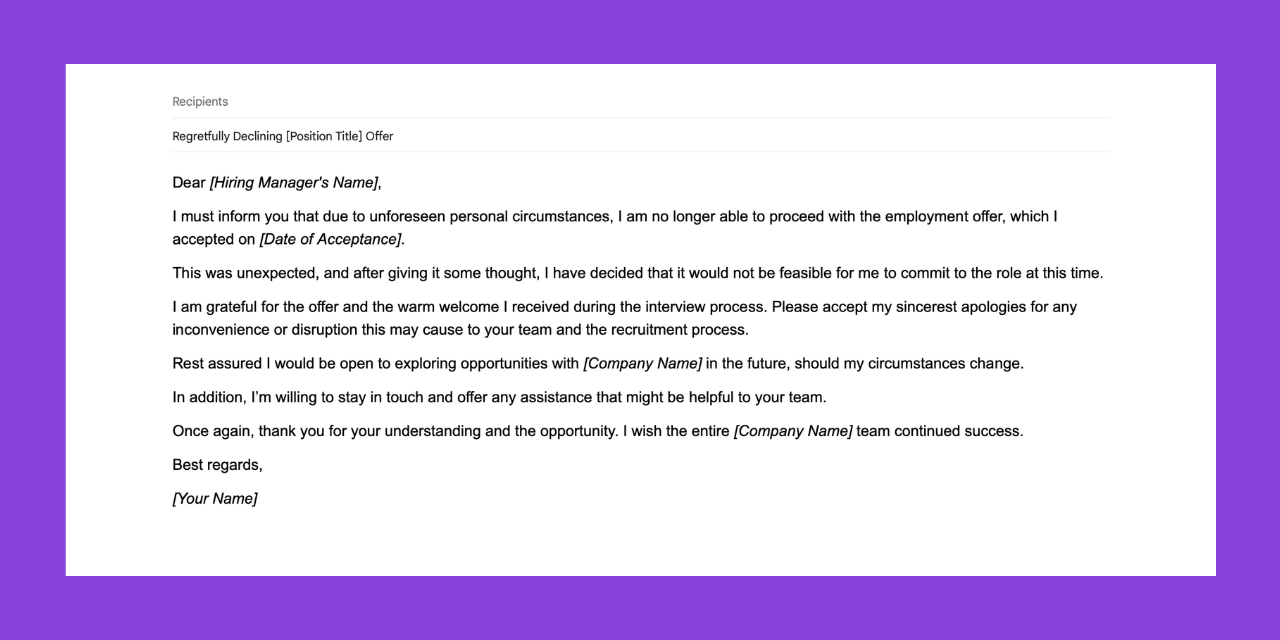 Email template for declining a job offer due to personal reasons