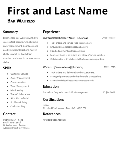 bar waitress resume template