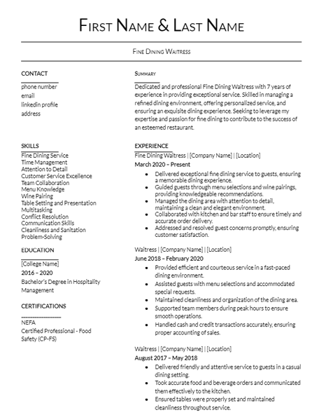 fine dining waitress resume